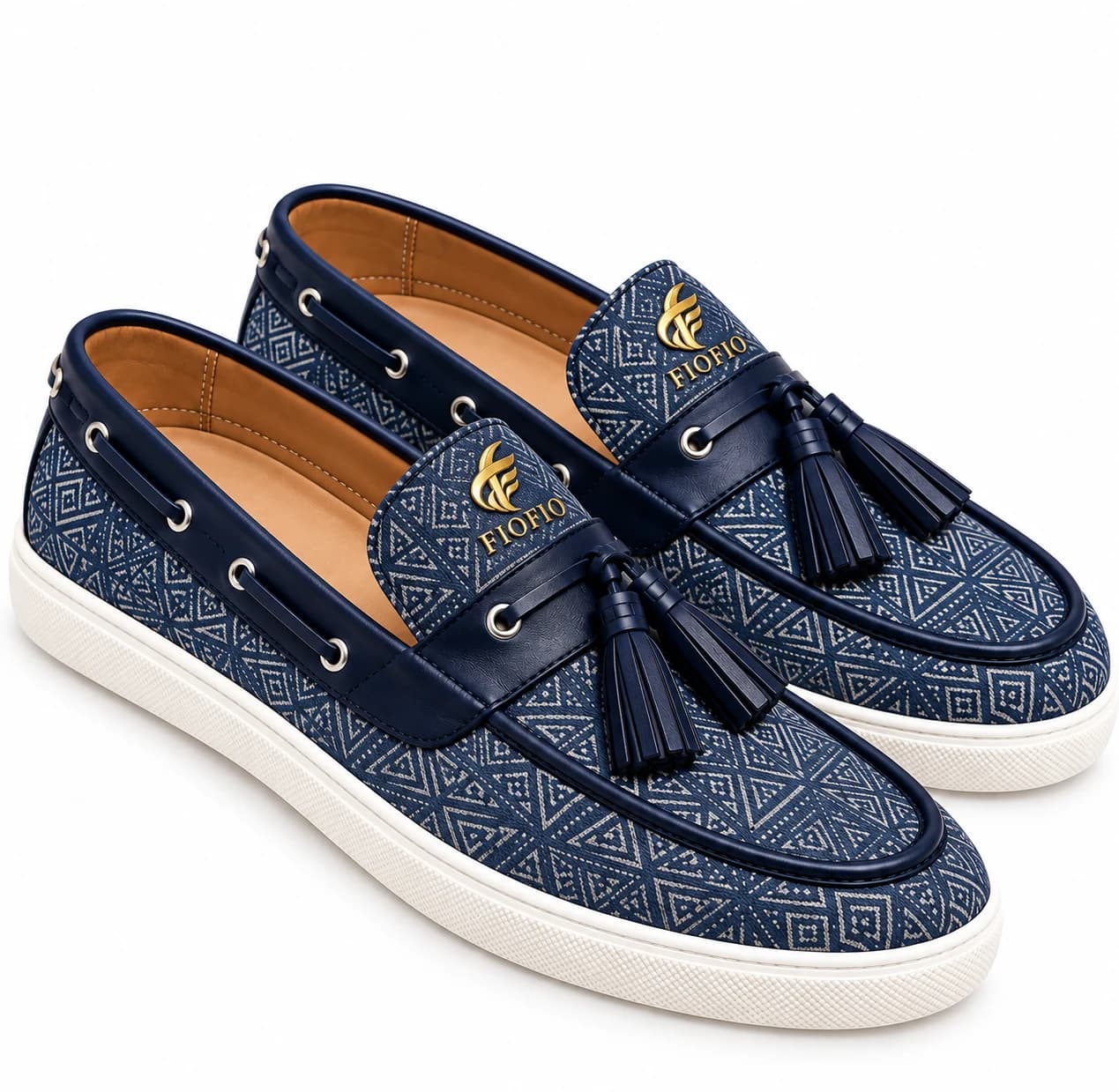 Mocassins à pompons FIOFIO, motifs géométriques bleu marine