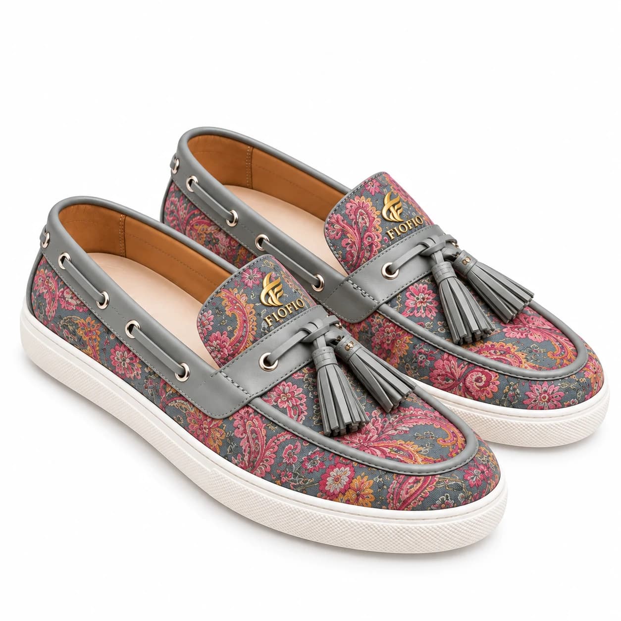 Mocassins à pompons FIOFIO, motifs floraux rose et gris