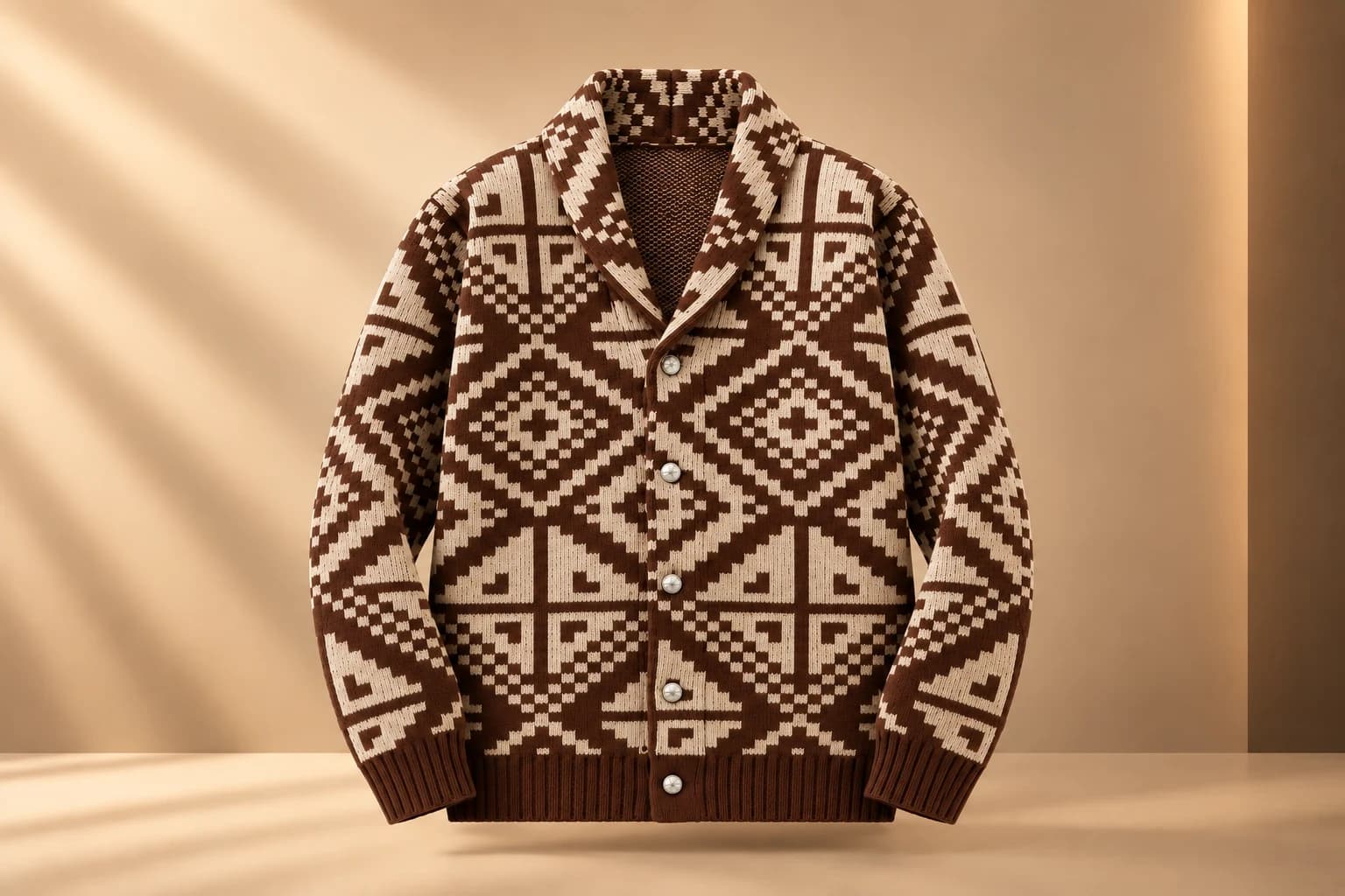 Cardigan à col châle, motif jacquard géométrique